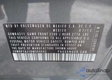 2013 Volkswagen Jetta 2.5L Se from USA, damaged, VIN 3VWDP7AJ1DM359502